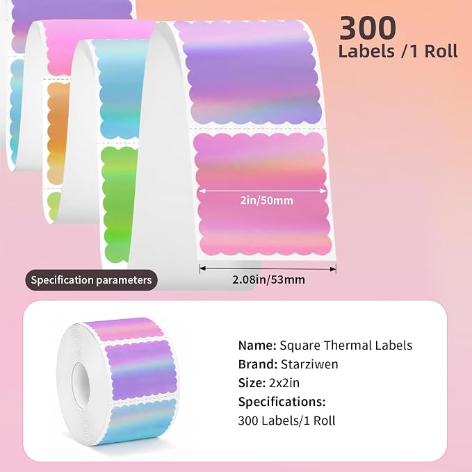 2"x2" Holographic Thermal Labels, 300 Pcs Scalloped Square Sticker Paper for Small Business, Custom Logo, Thank You, Glitter Rainbow Effect, Waterproof (5 Assorted Colors, Not Pre-Printed)