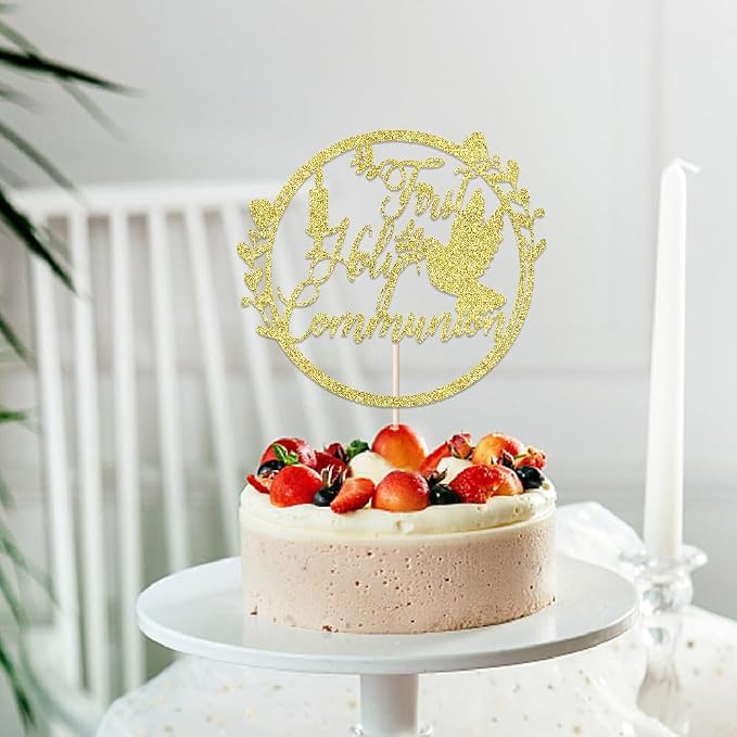 Gold Glitter First Holy Communion Cake Topper-Suitable for Ramadan, Religious Baptism, Baby Shower 1st Birthday Party Decorations, Children's Birthday, God Bless, Communion Party Decorations