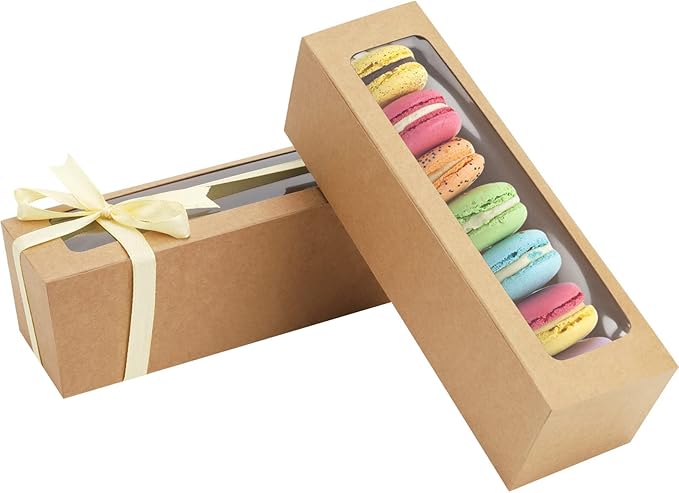 NPLUX 25 Pack Macaron Boxes for 5-7 Macarons Strawberry Boxes Macaron Container Packaging Boxes with Ribbon for Candy Sweet Gift Giving, Graduation Gifts Party Favors(Brown)