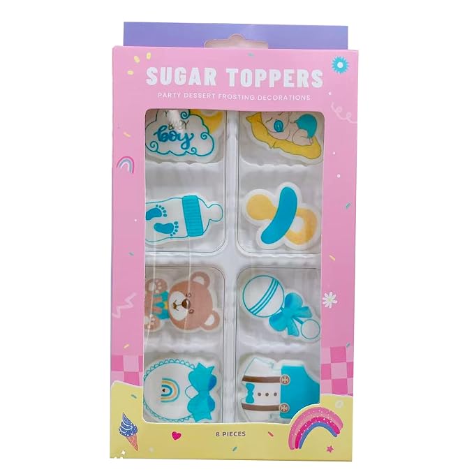 8 PCS Edible Blue Baby Boy Icing Cake Decoration Baby Showers Themed Candy Sprinkle Cupcake Topper Ice Cream Cookies Frosting Decoration