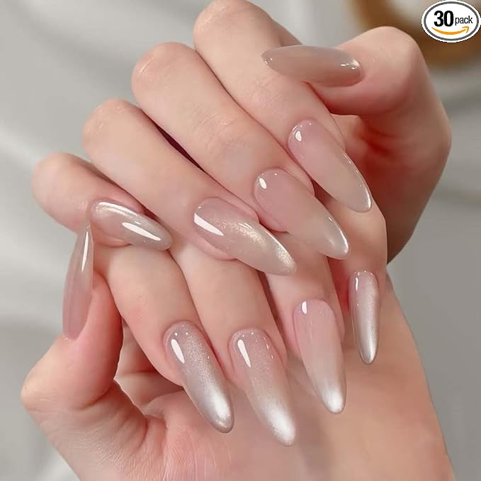 30Pcs French Press on Nails Short Almond ZWENJIE Cat Eye Fake Nails Press ons Nail Tips Stick on Nails Glossy Acrylic Nails Kit False Nails with Blush Pink Design Nail Art for Women Glitter Manicure