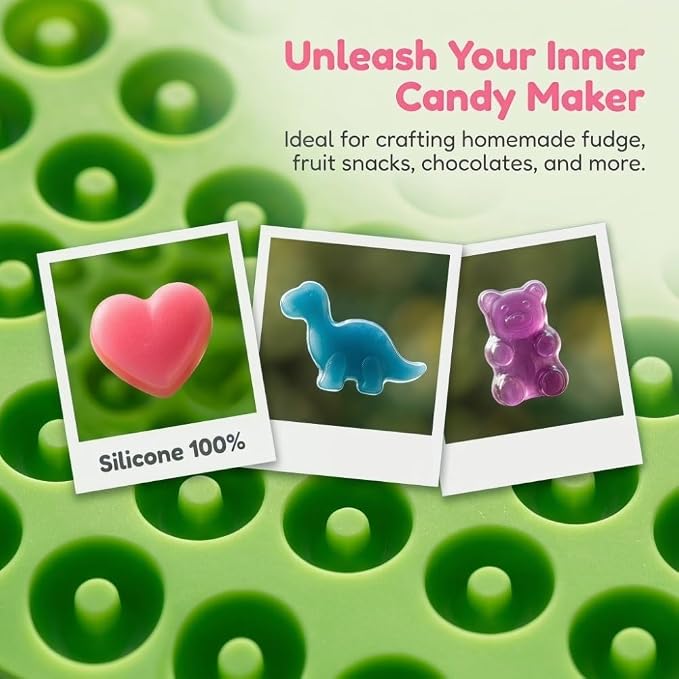 Limen 8Pcs Silicone Candy Mould Set with 2 Droppers, 4 Shapes Flexible Non-Stick Gummy Chocolate Trays for Dinosaur Bear Heart Donut Cookies Treats