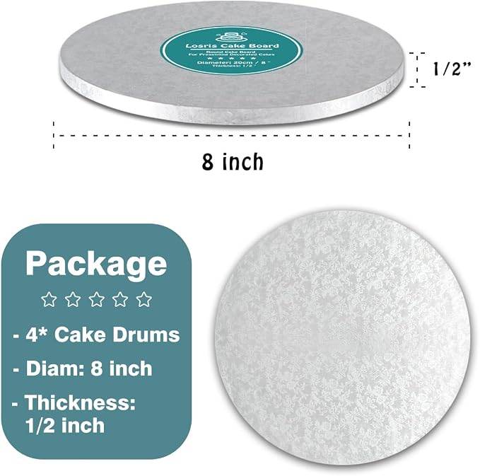 Silver Cake Drum Round 8 Inch Cake Boards with 1/2-Inch Thick Smooth Edges for Multi Tiered Birthday Wedding Party Cake Drums Board