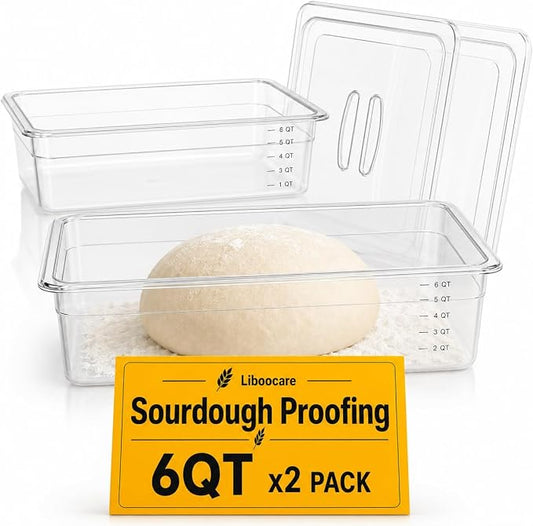 Sourdough Proofing Containers, 2 Pack 6QT Clear Dough Rising Boxes with Lids, Stackable Bulk Fermentation Containers for Bread Baking, Sourdough & Pizza Dough