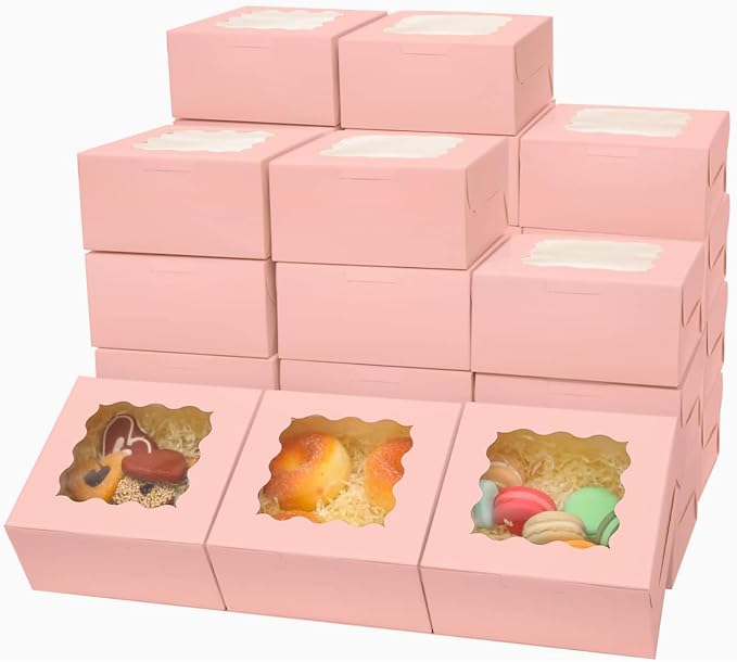Bakepacker Pink Bakery Boxes with Window 6x6x3 inches Thick & Sturdy Macaroon Pastry Boxes Cookie Boxes for Bakerys（60-Packs）