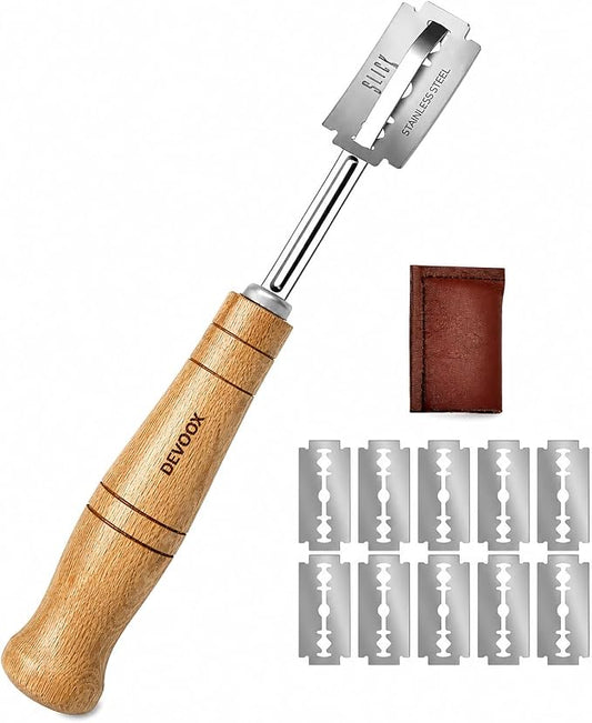 Bread Lame Stainless Steel Sourdough Scoring Tool for Premium Hand Crafted Bread Baking Scoring Tool for Wooden Handle for Bread Slashing & Leather Protective Cover with10 Replacement Blades.