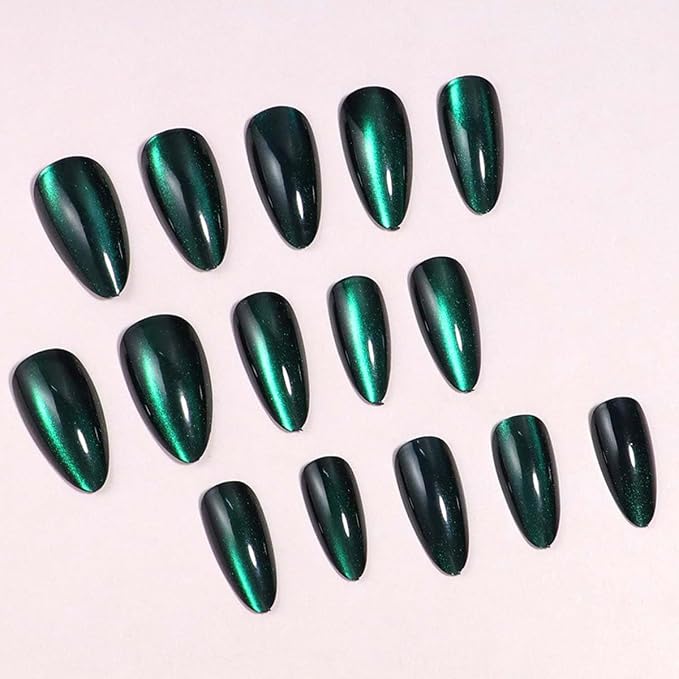 24Pcs French Press on Nails Short Almond ZWENJIE Cat Eye Fake Nails Press ons Nail Tips Stick on Nails Glossy Acrylic Nails Kit False Nails with Teal Green Design Nail Art for Women Glitter Manicure