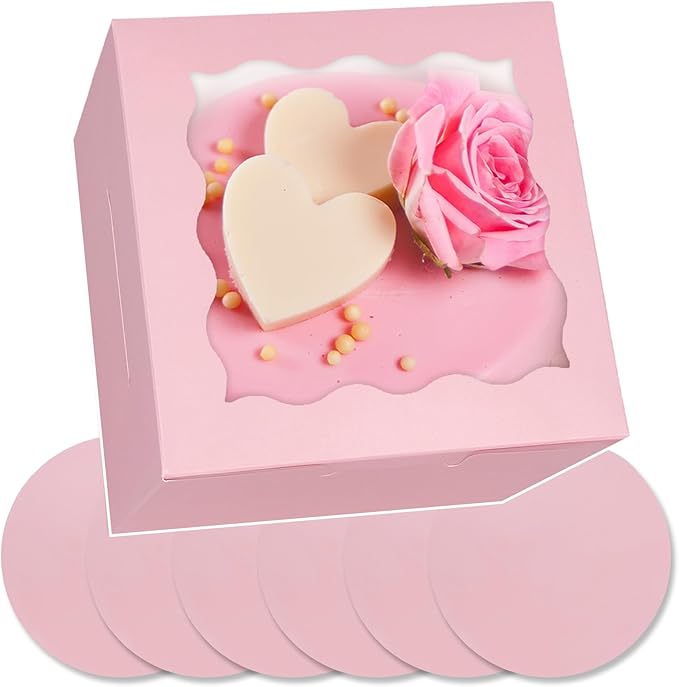 Bakepacker 36pcs 6x6x5 Inches Cake Boxes with Window 18-Packs Pink 6 Inch Bakery Boxes (18 Cake Boxes +18 Cake Boards Included)