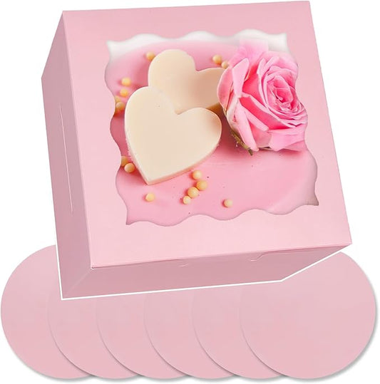 Bakepacker 36pcs 6x6x5 Inches Cake Boxes with Window 18-Packs Pink 6 Inch Bakery Boxes (18 Cake Boxes +18 Cake Boards Included)