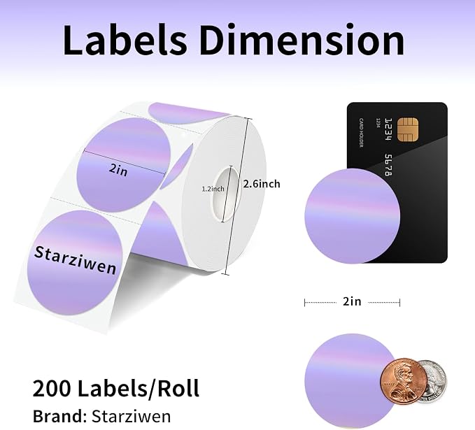 2 Inch Round Holographic Thermal Labels, Waterproof Direct Thermal Stickers, Self-Adhesive Circle Label for Small Business DIY Logo QR Code, Purple (200 Pcs/Roll)
