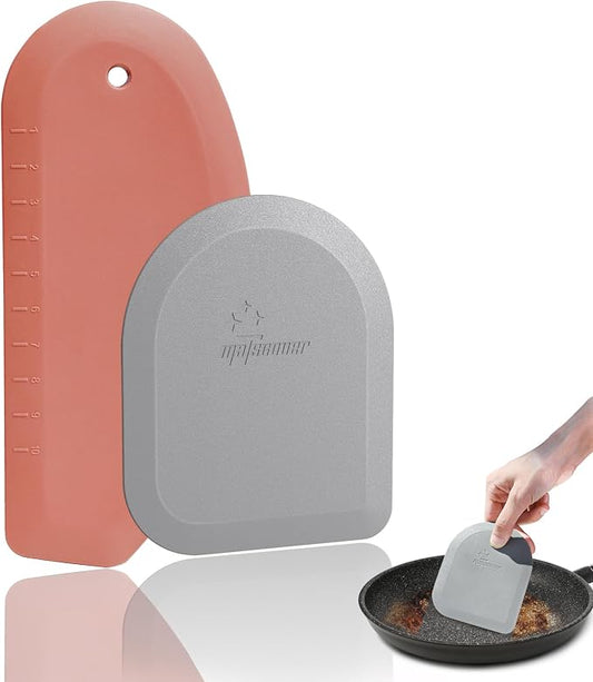 Bowl Scraper Dough Scraper Tool - Set of 2 Silicone Bench Scraper for Baking, Kitchen Pastry Scraper for Bread, Cake, Batter, cheese, Cream, Honey, Jam, Food Scraper with Curved Edge, Red & Grey