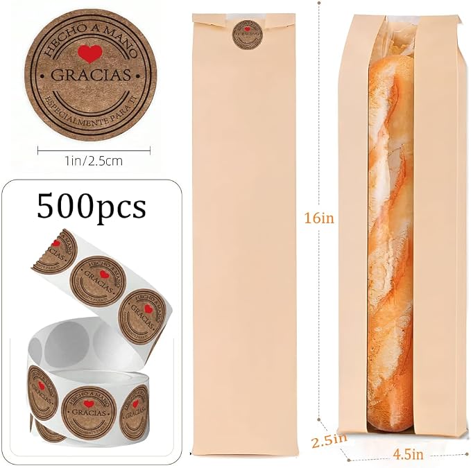 Bread Bags for Homemade Bread with 500 Labels, 60-Pack 4.5 x 2.5 x 16 Inch Paper Bags for Bread with Clear Window, Bakery Gift Packaging for Baguette, Sourdough Storage