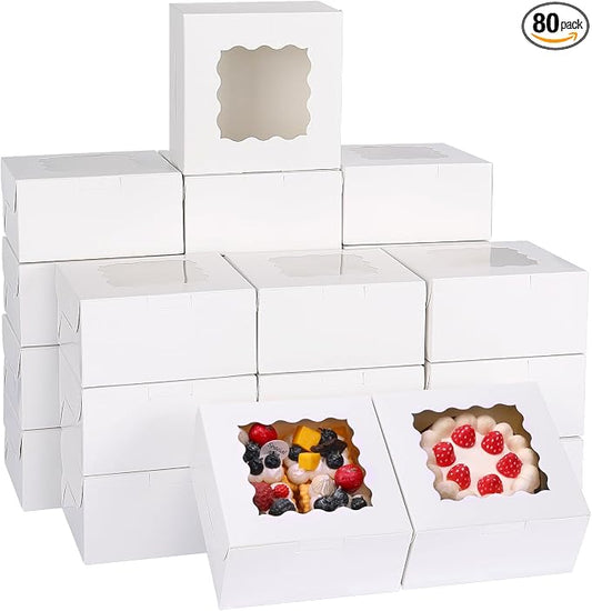 Moretoes 80pcs 6x6x3 Inches Bakery Boxes, Cookie Boxes with Window, Small Treat Containers for Pastries, Chocolate Covered Strawberries, Macarons, Cupcakes, Goodies, Donuts,White