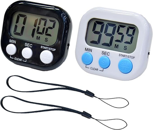 2 Pack Small Digital Kitchen Timer Magnetic Back and On/Off, Classroom Timers for Teachers Kids, Count Up Count Down Loud Alarm Stop Memory Function for Cooking Study Work Exercise (1, Black+White)