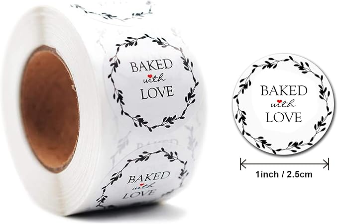 1000PCS Baked with Love Stickers for Baked Goods,1 Inch Small Round White Red Heart in Baking Floral Stickers Label Bakery Sticker for Packaging Canning Bottles,Cookie Bags