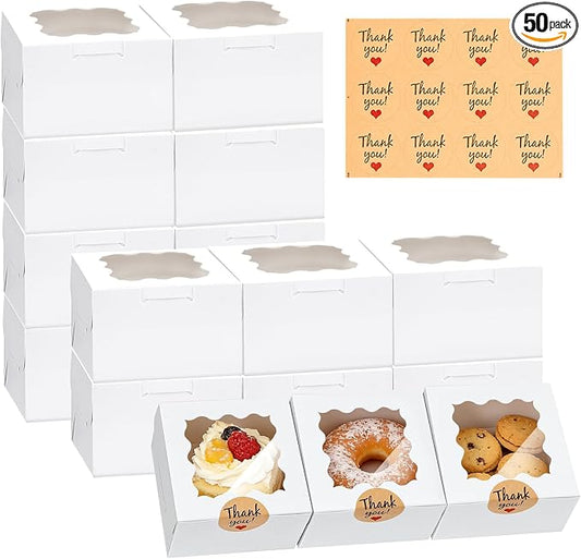 32Pcs Cookie Boxes with Window, 6×6×3 Inches White Paper Treat Boxes for Bakery Dessert Pastry Mini Cake Chocolate Candy Favor Donut Baked Goods (with Stickers)