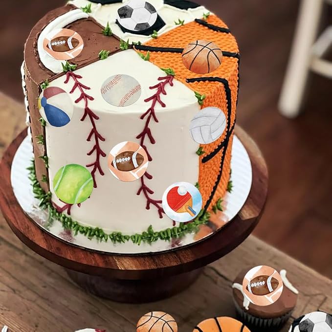 48PCS Edible Sports Cupcake Toppers Edible Basketball Soccer Baseball Tennis Rugby Cake Decorations for Sports Ball Game Theme Baby Shower Birthday Party Cake Decorations Supplies