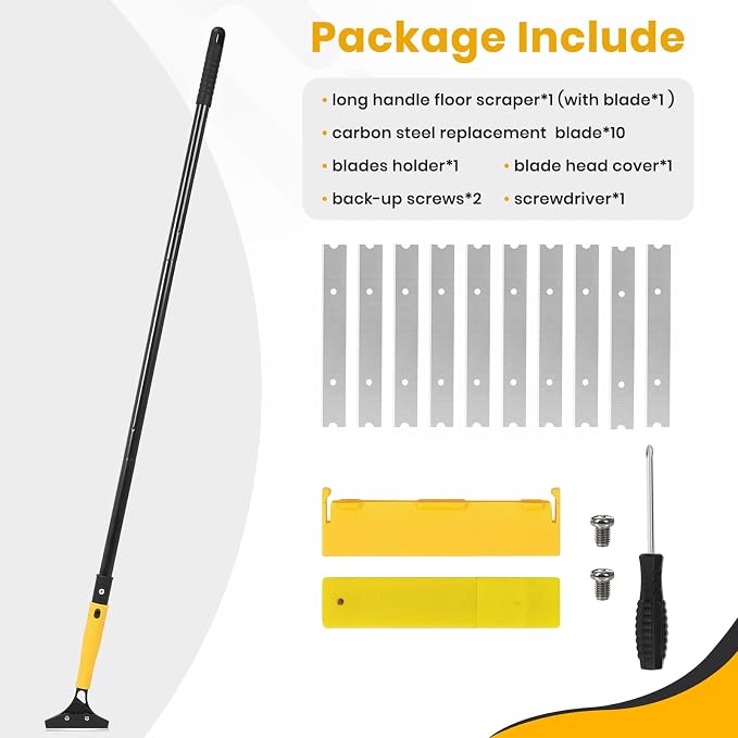 Heavy Duty Floor Scraper with 44.5” long handle, 4” Scraper Tool with 10 Replacement Metal Razor Blades, Paint Scraper for Cleaning Gum Glass Wall Tile Glue Linoleum Stove Top