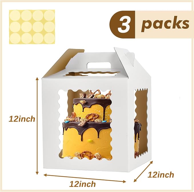 XININSUN Tall Cake Boxes with 6 windows,12x12x12inch Tall Cake Carrier for Tier Cake,12inch cake transport container,Bakery Take Out Containers for Wedding, Birthday, Party