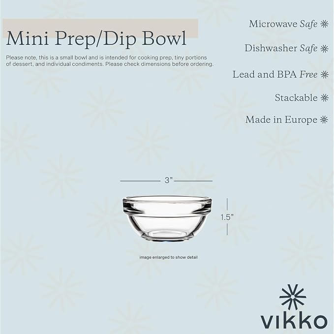 Vikko Small Glass Bowls, Set of 6, 3 Inch, Modern, Clear, Solid, 9 Ounce, Microwave & Dishwasher Safe, Round, Kitchenware, Dip & Dessert Bowls