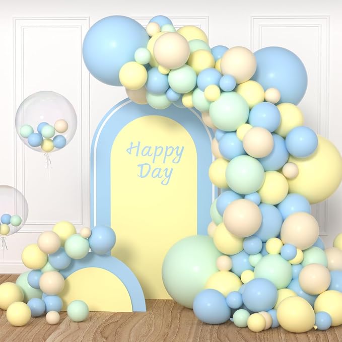 Pastel Blue and Yellow Balloon Arch Kit - Pastel Yellow Macaron Baby Blue Balloon Macaron Green Cream Peach Balloon Arch Kit for Birthday Wedding Baby Shower Bee Bear Theme Party Decorations