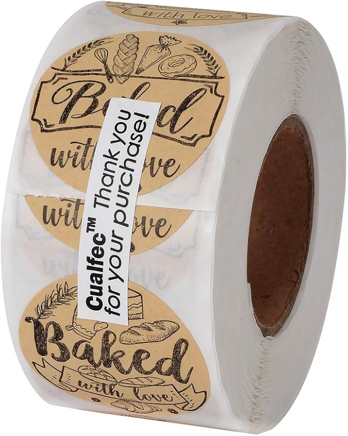 600 Baked with Love Stickers 1.5" Round Natural Kraft 6 Unique Design Perfect for Baked Goods Packing and Wrapping, Add Unique Touch to Your Business and Homemade Cookies