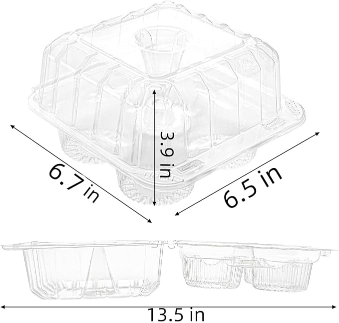 Coloch 50 Pack Clear Cupcake Box, 4 Cavity Plastic Cupcake Holder with Deep Dome Disposable 4-Compartment Dessert Container Bakery Carrying Box for Bakery, Cupcake