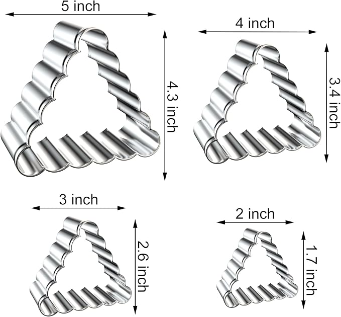 Triangle Cookie Cutter Set with Fluted Edge Large - 5 Inch, 4 Inch, 3 Inch, 2 Inch - Scalloped Wavy Edge Geometric Cookie Cutters Shapes Biscuit Fondant Clay Molds - Stainless Steel