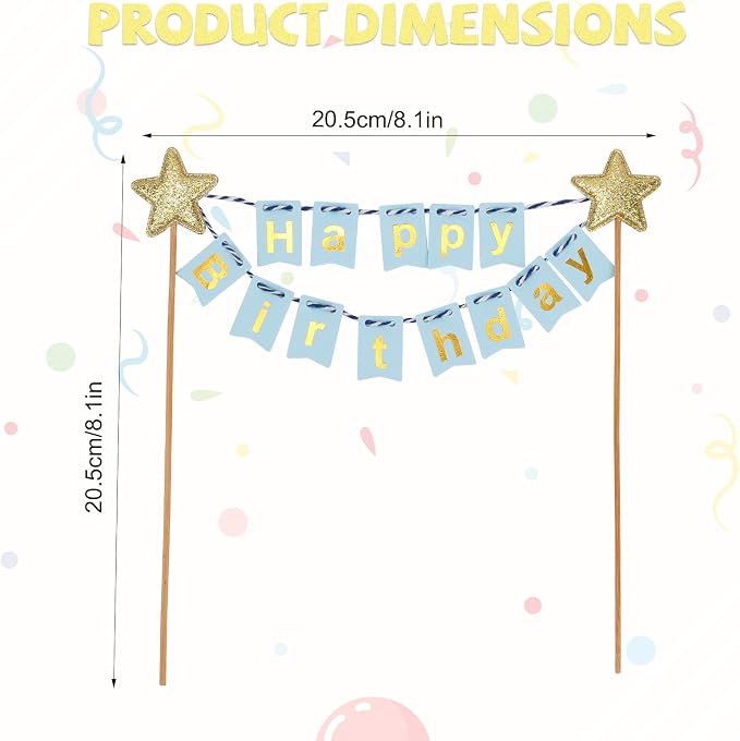 Gosknor Happy Birthday Flag Banner Cake Topper, Glitter Gold Star Blue Flags Birthday Cake Flag Decor for Party Decorations Supplies