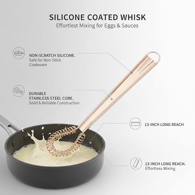 Silicone Coated Whisk, 13 Inch Stainless Steel Mixing Tool for Non-Stick Cookware, Eggs and Sauces (1 PC)