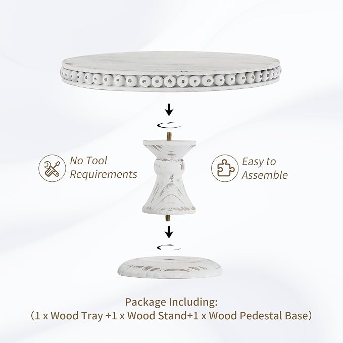 Hanobe White Wood Cake Stand: Cupcake Pedestal Stand 12 inch Dessert Display Riser Rustic Round Cakes Holder Tray Vintage Beads Wooden Plate for Christmas Wedding Birthday Decor