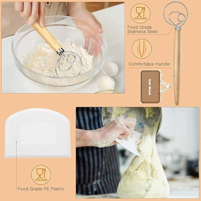 Danish Dough Whisk with Dough Scraper Bread Lame with 5 Blades and Leather Cover 13" Dutch Bread Whisk Bread Mixer Stainless Steel Dutch Bread Dough Whisk Hand Mixer for Sourdough, Pizza, Pastry, Cake