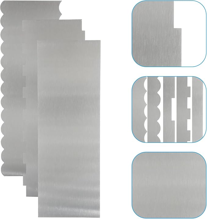 Cake Scraper - 3 Pack 8.6 Inch Stainless Steel Cake Decorating Tool, Double Sided Smooth & Patterned Edge for Buttercream, Fondant, Mousse