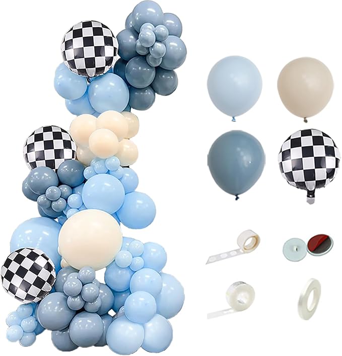 Race Car Balloons Garland Arch Kit,100PCS Macaron Blue Smoke Blue Balloon Arch Kit with Checkered Foil Balloon for Car Fast Birthday Celebration Party Festival Day Decorations