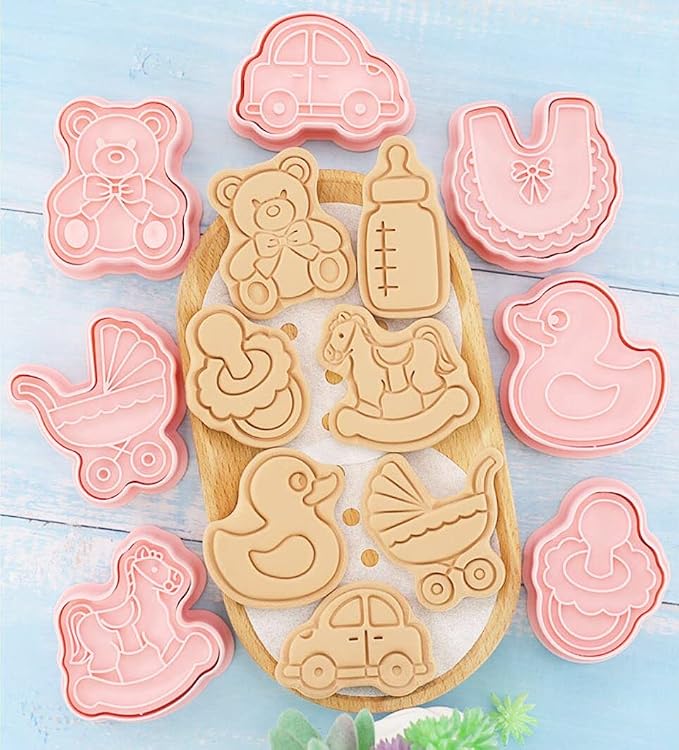 8 Pieces Cute Baby Shower Cookie Cutters Plastic Newborn party Cookie Stamps Cookie Mould Press Babies Shower Cookie Mould Set Baking Kitchen Tools