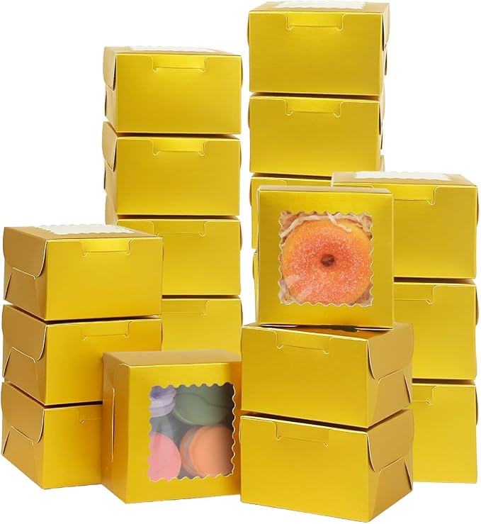 Bakepacker 60pcs Gold Bakery Boxes with Window 4x4x2.5 inches Thick & Sturdy Macaroon Pastry & Cookie Boxes
