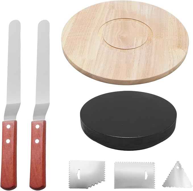 12 Inch Acacia Wood Revolving Cake Stand with 5 Baking Tools, 360° Rotating Turntable for Cake Decorating, Includes 2 Spatulas + 3 Smoothers for Cakes Cupcakes Decorations, Birthday & Wedding