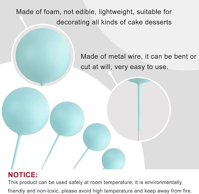 ASTARON 20 Pcs Ball Cake Topper Decorations Mini Balloons Cake Topper Sticks Light Blue Balls Cake Picks Cake Topper Balls Cake Decorations for Wedding Birthday Cake Decorations