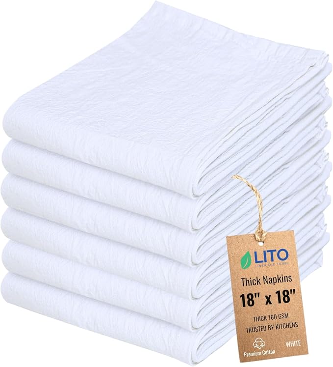 Thick Cotton Napkins – Flour Sack Napkin for Kitchen, Set of 6 (18"x18"), 100% Cotton, Highly Absorbent Hand Towels, Reusable Baking Cloths for Bread Proofing, Pastry & Tea Towels – White