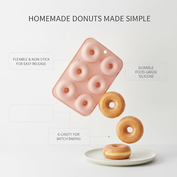 6-Cavity Silicone Donut Pan, Flexible Baking Mold for Easy Release, 6.5 x 4.1 Inch Mini Donut Maker Tray, Pink