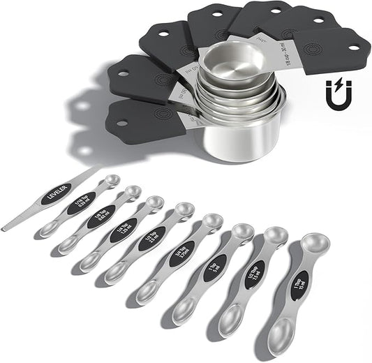 Magnetic Measuring Cups & Spoons Set, Heavy Duty 304 Stainless Steel, Double Measurement Markings, Strong N52 Magnet, Set of 16 with Leveler for Measure Dry & Liquid Ingredient, Dishwasher Safe, Black