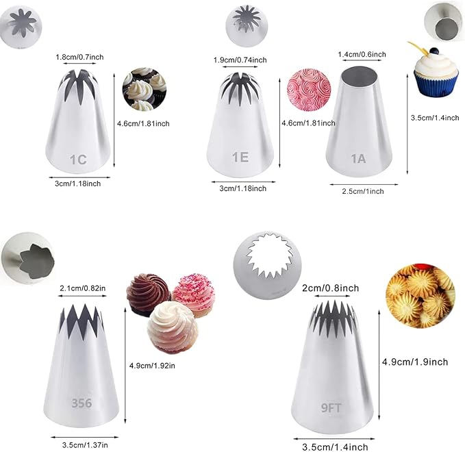 Piping Tips Large Pastry Tips Set,Cake Cream Decorating Tips for Frosting,Icing Piping Nozzle For Cupcakes Cakes Cookies(1A,1C,1E,356,9FT)