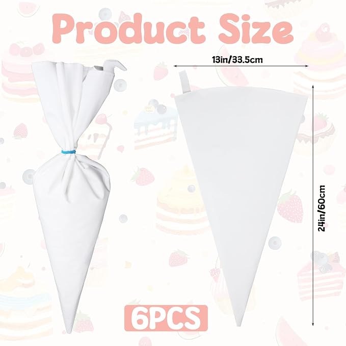 Kifmurase 6PCS Reusable Piping Pastry Bags 24 Inch Reusable Cloth Frosting Bags White Thickened Tipless Piping Bag for Cake Cupcakes Cookies Frostingm, Cake Baking Decoration Frosting Tools