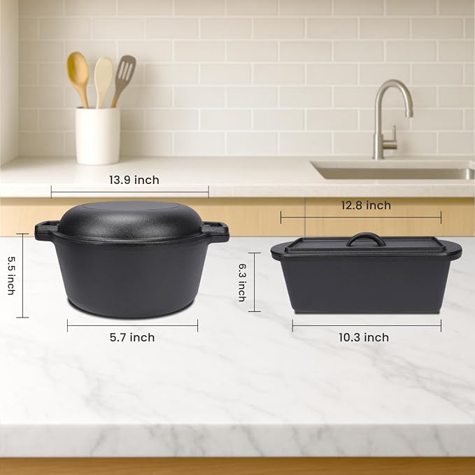 QuliMetal Cast Iron Dutch Oven for Sourdough Bread, 5QT & 3.2QT Loaf Pan with Lid Pre-Seasoned Bread Oven with Sourdough Bread-Baking Supplies, Crispy Crust Artisan Bread Baking Set for Home Bakers