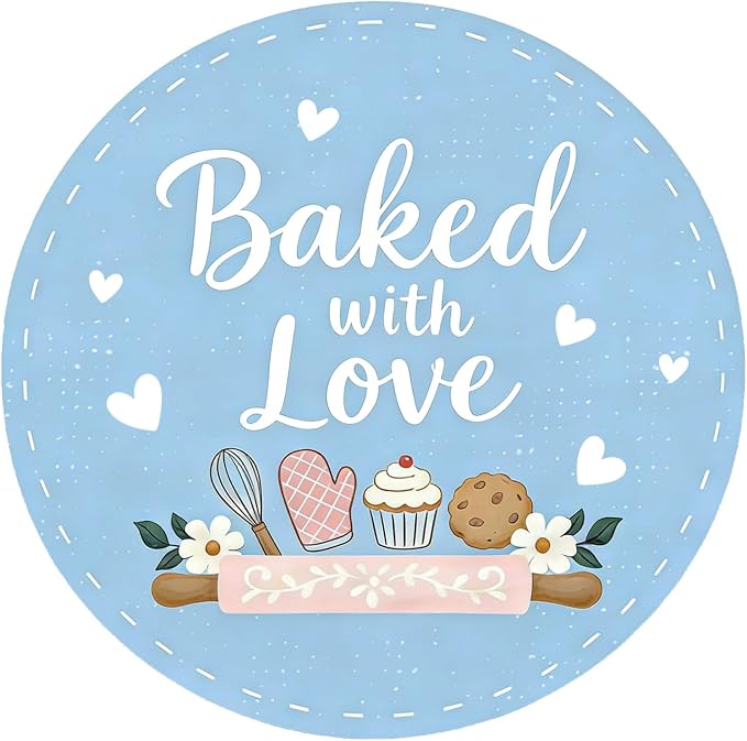 Baked with Love Stickers 120PCS 1.6 Inch Round Baking Labels for Cookies Cupcakes Dessert Table Treat Bags Gift Wrapping Birthday Party Candy Bags Homemade Packaging Small Business (Blue)