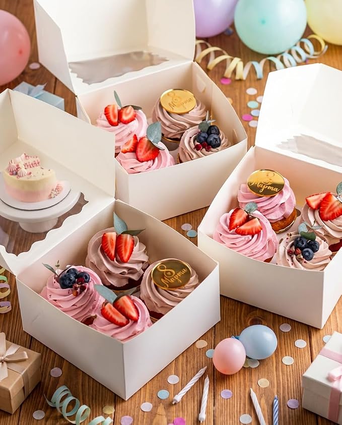 qiqee Auto-pop Up Cupcake Boxes with Window White 100PCS 4 Count Cupcake Box 6.3"x6.3"x3" Cupcakes Carrier, 4 Cupcake Containers