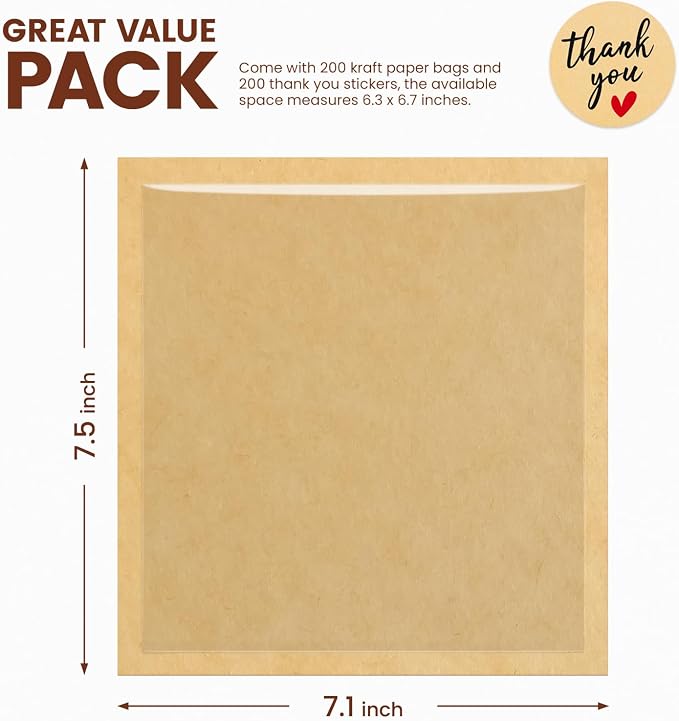 200 Pack Cookie Bags with Seal, 7.1x7.5 Inch Heat Sealable Bakery Bags with Window Grease Resistant Paper Packaging Sleeves for Bake Sale Bagel, Cake Slice, Sandwich, Donut, Pastry