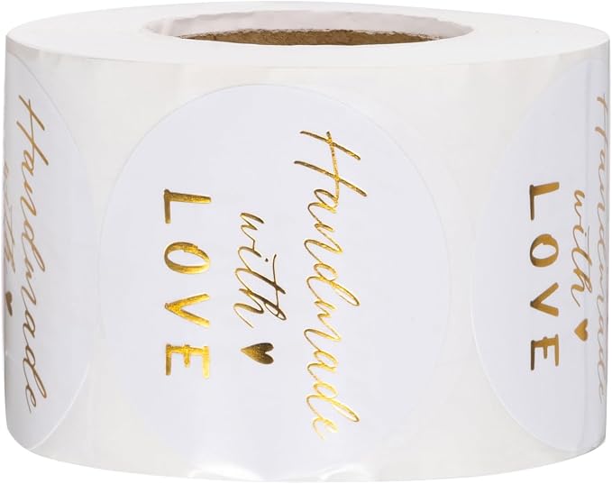 WRAPAHOLIC 2 Inch 500 Total Business Stickers Roll - Gold Foil Handmade with Love Design, Thank You Lables, Shipping Stickers for Party Decorations