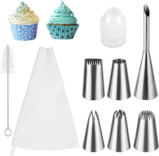 9 PCS Frosting Piping Kit, Reusable Piping Bags and Tips Set, Reusable Pastry Bags with 6pcs Large Stainless Icing Tips, Bag Couplers, Cleaning Brush, Professional Baking Kit for Cakes, Cookies