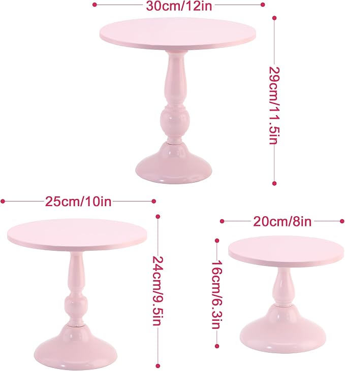 Set of 3 Pink Cake Stands, QENUIITEA Metal Round Cake Holder Dessert Pie Pizza Display Stand 8" 10" 12" Serving Tray Decoration for Wedding Celebration Party Birthday Baby Shower